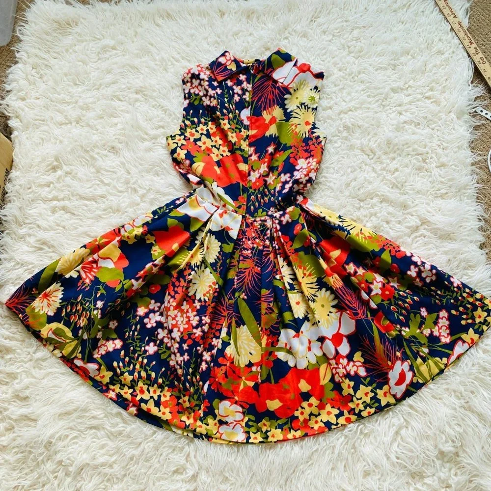 Vintage Lord Taylor Dress Women 8‎ 60s Floral Sleeveless Neck Tie Scarf Bow MCM